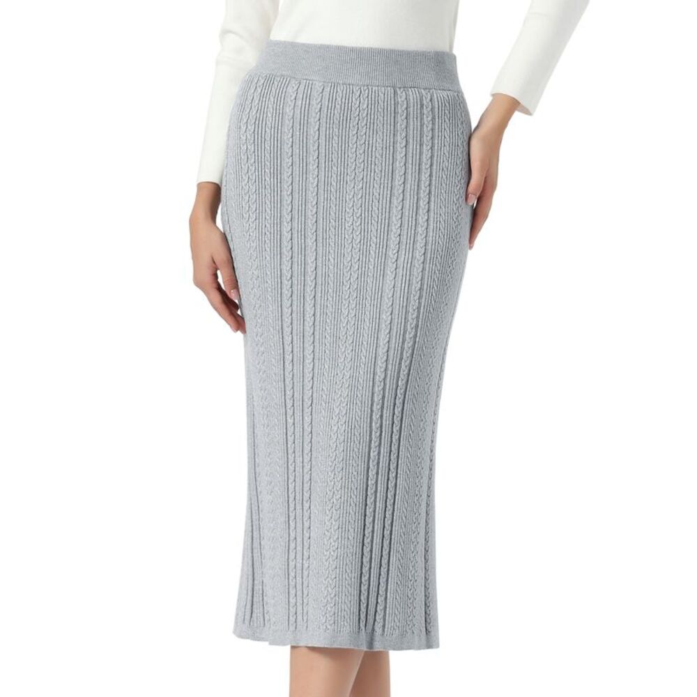 Women Cable Knit Elastic Waist A-Line Maxi Skirt Gray